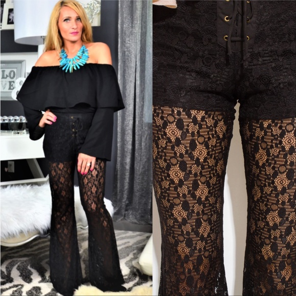 BLACK LACE BELL BOTTOM PANTS - Picture 2 of 4